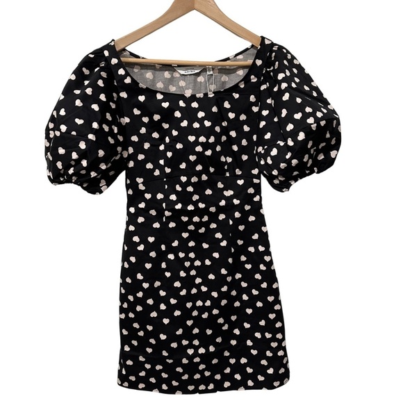 & Other Stories Fitted Puff Sleeve Mini Dress White Heart Print Black SZ 2 NWT - Picture 1 of 6